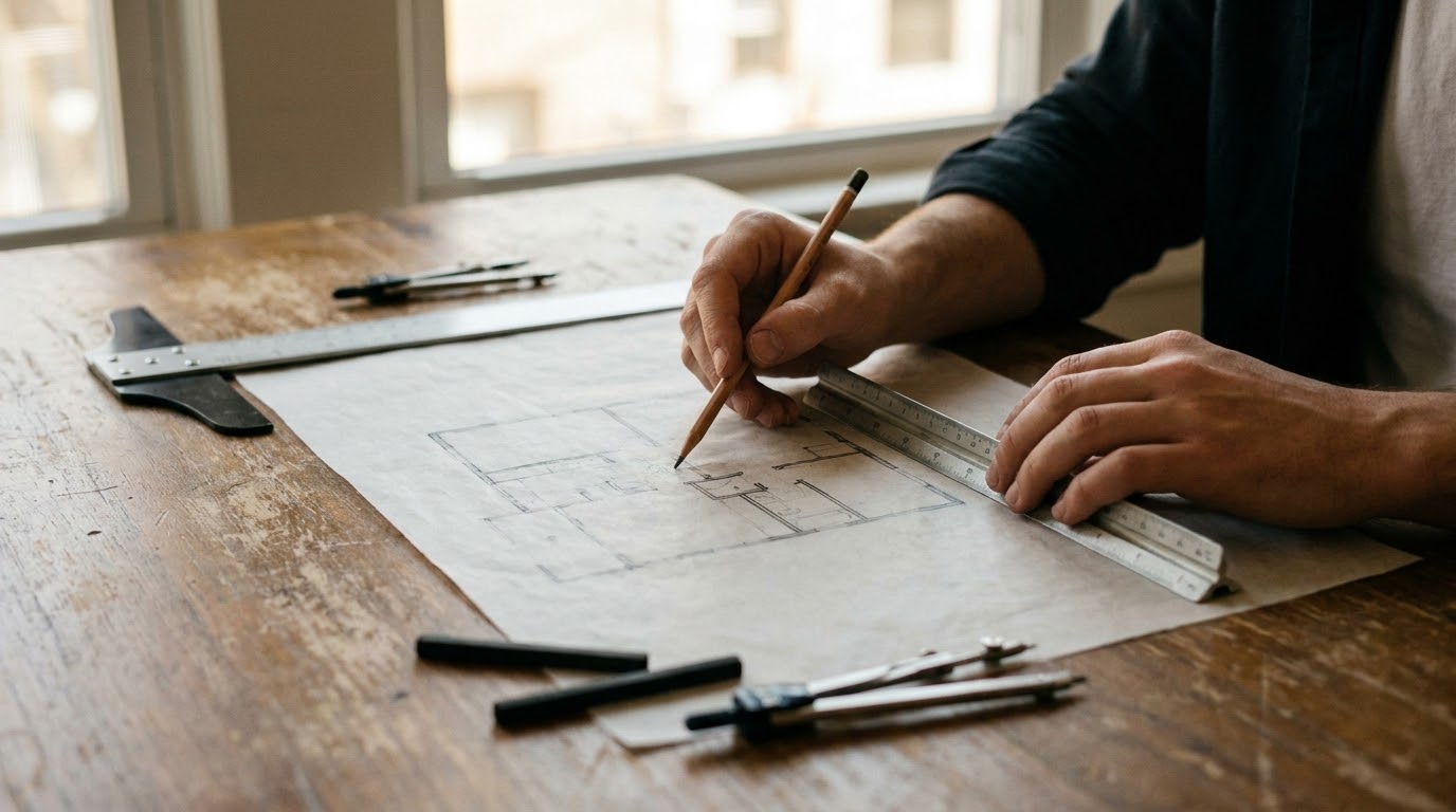 Architekt skicuje půdorys domu na rýsovacím prkně